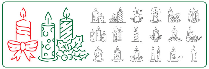 Christmas candle line icon set. Holiday accessories set. Happy New Year vector illustration
