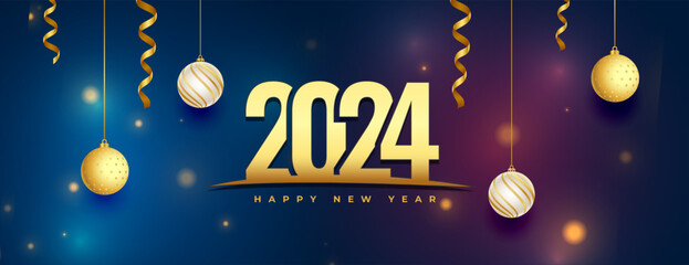 2024 new year shiny background with xmas ball and ribbon design - obrazy, fototapety, plakaty