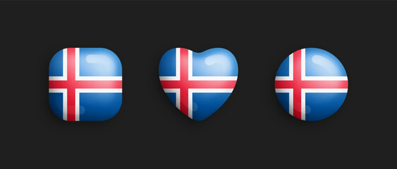 Iceland Official National Flag 3D Vector Glossy Icons In Rounded Square, Heart And Circle Shape Isolate On Background. Icelandic Sign And Symbols Graphic Design Elements Volumetric Buttons Collection