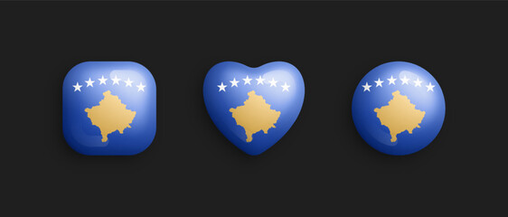 Kosovo Official National Flag 3D Vector Glossy Icons In Rounded Square, Heart And Circle Shape Isolate On Background. Kosovan Sign And Symbols Graphic Design Elements Volumetric Buttons Collection