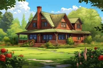 a wood and brick farmhouse surrounded by a lush green lawn, magazine style illustration