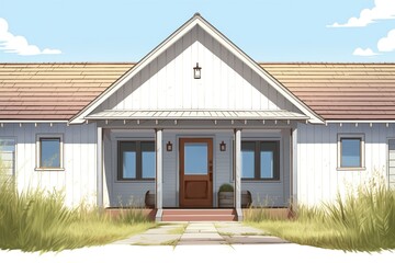 Fototapeta premium straight-on view of a farmhouses white, wooden, gabled entry door, magazine style illustration