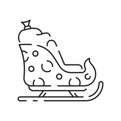 Christmas sled. Santa Claus sleigh vector line icon. Merry Christmas sign. Santa Claus with gift illustration on background, Flying Christmas sleigh symbol