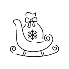 Christmas sled. Santa Claus sleigh vector line icon. Merry Christmas sign. Santa Claus with gift illustration on background, Flying Christmas sleigh symbol