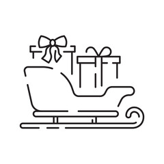 Christmas sled. Santa Claus sleigh vector line icon. Merry Christmas sign. Santa Claus with gift illustration on background, Flying Christmas sleigh symbol