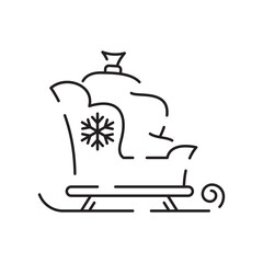 Christmas sled. Santa Claus sleigh vector line icon. Merry Christmas sign. Santa Claus with gift illustration on background, Flying Christmas sleigh symbol