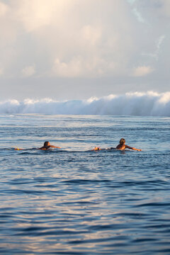 Surfers at sunset wait to catch a wave in Tahiti 