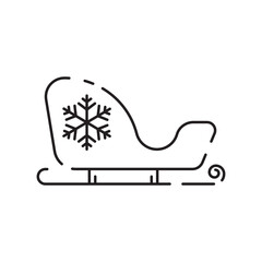 Christmas sled. Santa Claus sleigh vector line icon. Merry Christmas sign. Santa Claus with gift illustration on background, Flying Christmas sleigh symbol