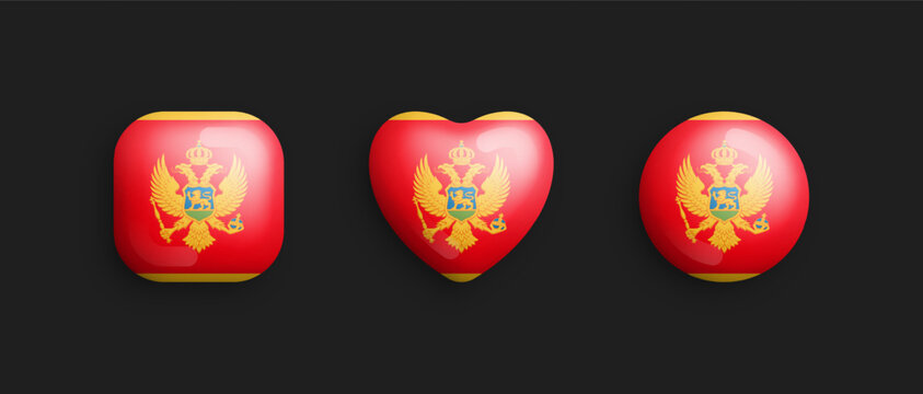Montenegro Official National Flag 3D Vector Glossy Icons In Rounded Square, Heart And Circle Shape Isolate On Black. Montenegrin Sign And Symbols Graphic Design Elements Volumetric Buttons Collection