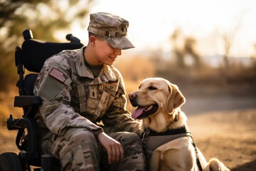 Disabled man in military uniform sitting in wheelchair with his dog. Generative AI..