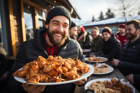 Happy man with take out hot fried chicken a large group of friends in winter. Generative AI.