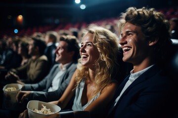 Couple laughing joyfully while watching a movie in 3D. Generative AI.