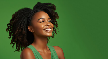 Portrait of a young smiling black woman with dreadlocks hair. Skin care beauty, skincare cosmetics, dental concept, isolated over green background. 