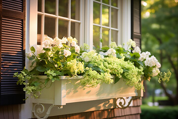Window Blooms at Dawn: Capture the flower-filled window boxes at the break of dawn, with soft morning light illuminating the greenery. 