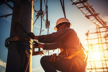 Electrician working on high voltage power pole at sunset. Electrical equipment.

 Generative AI
