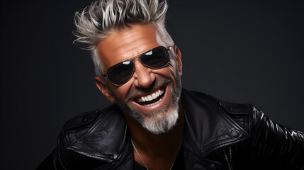 Obraz premium Charming biker in his 60s with sunglasses and a contagious smile, exuding cool vibes