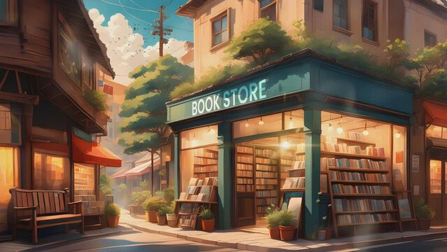 Book store in the city. World Book Day Illustration. Cartoon or Japanese anime painting style. seamless looping 4K virtual video animation background.