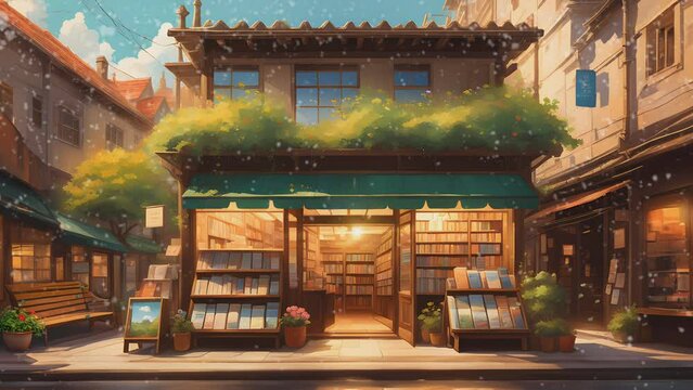 Front of Book store in the city when winter. World Book Day Illustration. Cartoon or Japanese anime painting style. seamless looping 4K virtual video animation background.