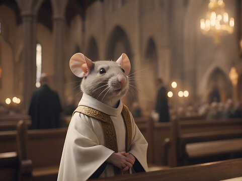 Raton vestido de cura en una iglesia