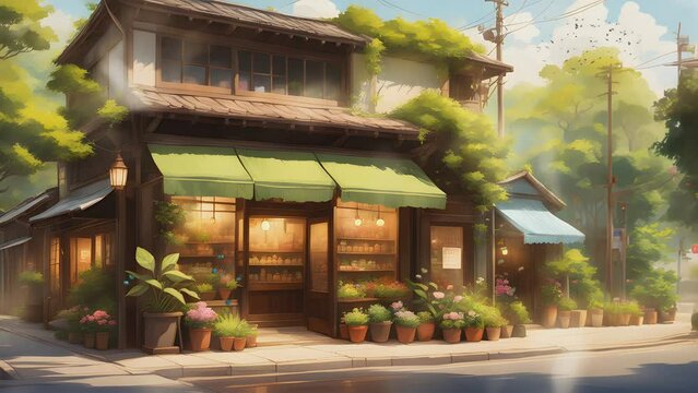 Plants and flowers shop in the city with morning view. Cartoon or Japanese anime watercolor illustration painting style. seamless looping 4K virtual video animation