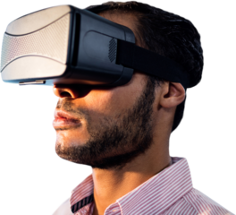 Digital png photo of biracial man using vr headset on transparent background