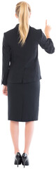 Digital png photo of back of caucasian businesswoman pointing on transparent background