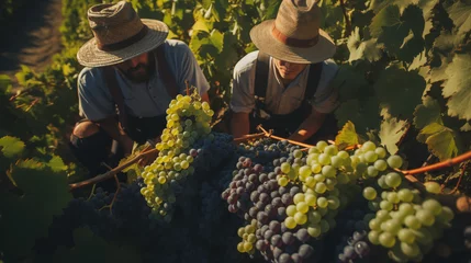 Zelfklevend Fotobehang Men harvesting grapes on the plantation, Generative AI © thiagovicci