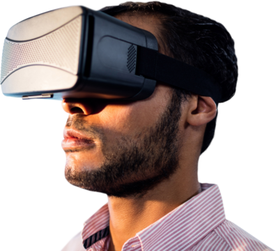 Digital png photo of biracial man using vr headset on transparent background - Powered by Adobe