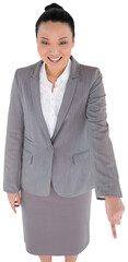 Digital png photo of happy asian businesswoman pointing on transparent background