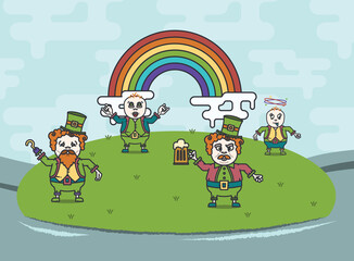 Digital png illustration of ginger characters with green suits and rainbow on transparent background