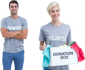 Digital png photo of caucasian volunteers with donation box on transparent background