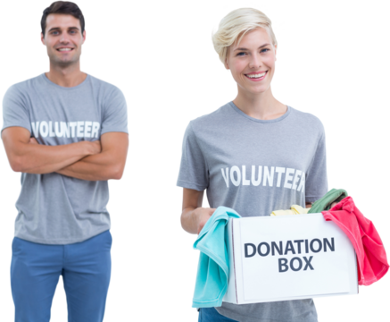 Digital png photo of caucasian volunteers with donation box on transparent background