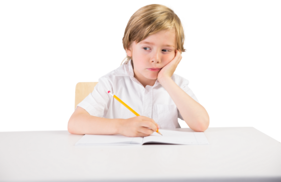 Digital png photo of caucasian schoolboy writing on transparent background