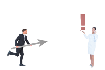 Digital png illustration of caucasian couple with arrow, exclamation mark on transparent background