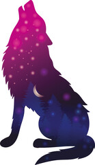 Digital png illustration of pink and blue howling wolf on transparent background