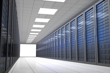 Digital png illustration of server room with row of server cabinets on transparent background