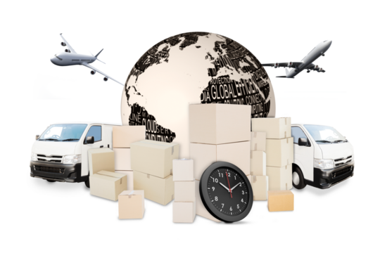 Digital png illustration of globe, cars, parcels, planes and clock on transparent background - Powered by Adobe