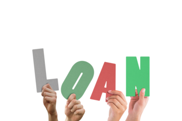 Digital png illustration of hands and loan text on transparent background