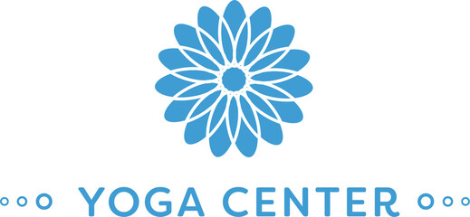 Digital png illustration of blue flower with yoga center text on transparent background