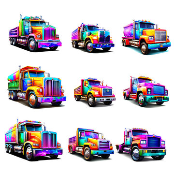 set of 9 neon clipart truck PNG file hight resolusi 300 DPI 3000x3000 pixels