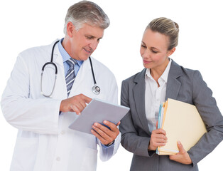 Digital png photo of happy caucasian woman and male doctor discussing on transparent background