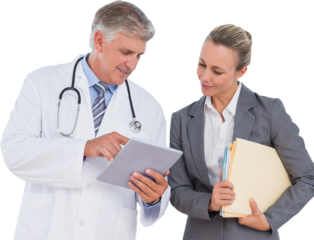 Digital png photo of happy caucasian woman and male doctor discussing on transparent background