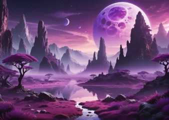 Foto op Plexiglas Otherworldly and mystical landscape wallpaper in purple tones © Beibeinside