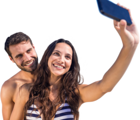 Digital png photo of happy caucasian couple in swimsuits taking selfie on transparent background
