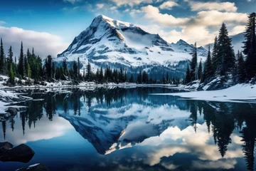 Crédence de cuisine en verre imprimé Réflexion Mount Rainier reflected in the lake, Washington, United States, Whistler mountain reflected in lost lake with a blue hue, AI Generated