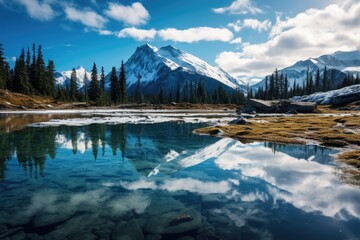 Mountain lake with reflection in the water, Canadian Rockies, Alberta, Canada, Whistler mountain reflected in lost lake with a blue hue, AI Generated