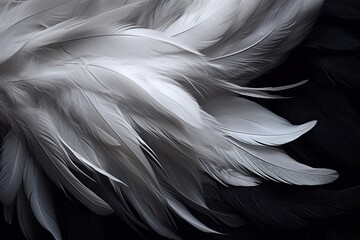 feathers of a bird on a black background close up, White and black feathers , AI Generated