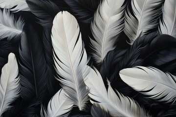 Black and white feathers as background, top view. Flat lay, White and black feathers , AI Generated