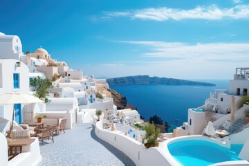 Obraz premium White architecture on Santorini island, Greece. Beautiful summer landscape, White architecture of Oia village on Santorini island, Greece, AI Generated