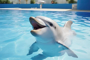 Zelfklevend Fotobehang Dolphin in swimming pool, close up of head and mouth, white dolphin in the pool, AI Generated © Iftikhar alam